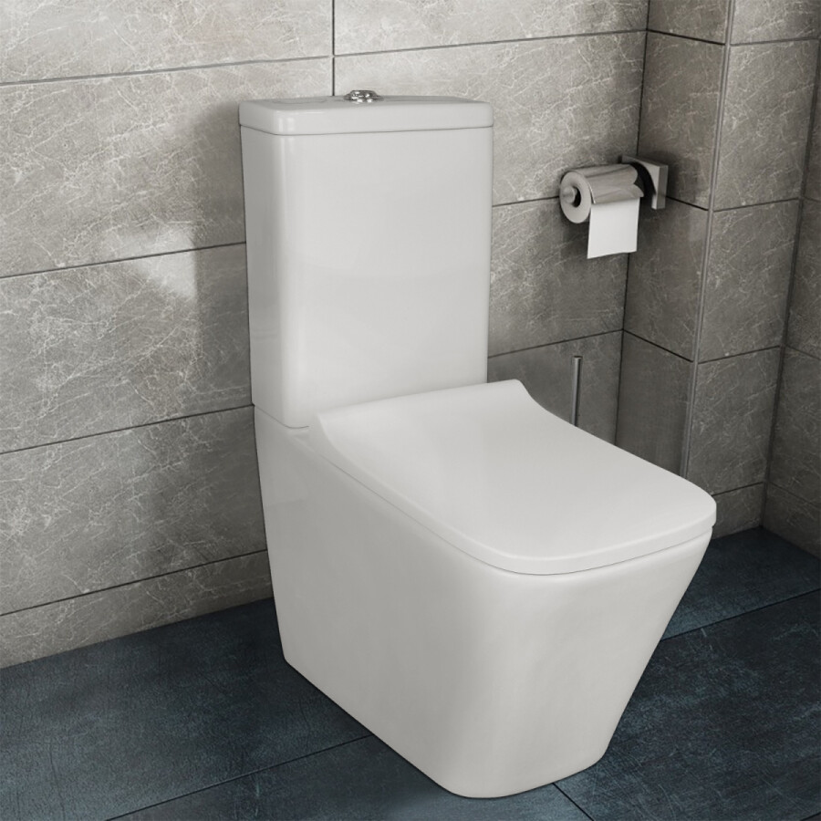 Унитаз-компакт Azario Quadro 605x340x810 напольный, смыв "Торнадо", безободковый с сидением микролифт и арматурой, белый AZ-2175 UQ1