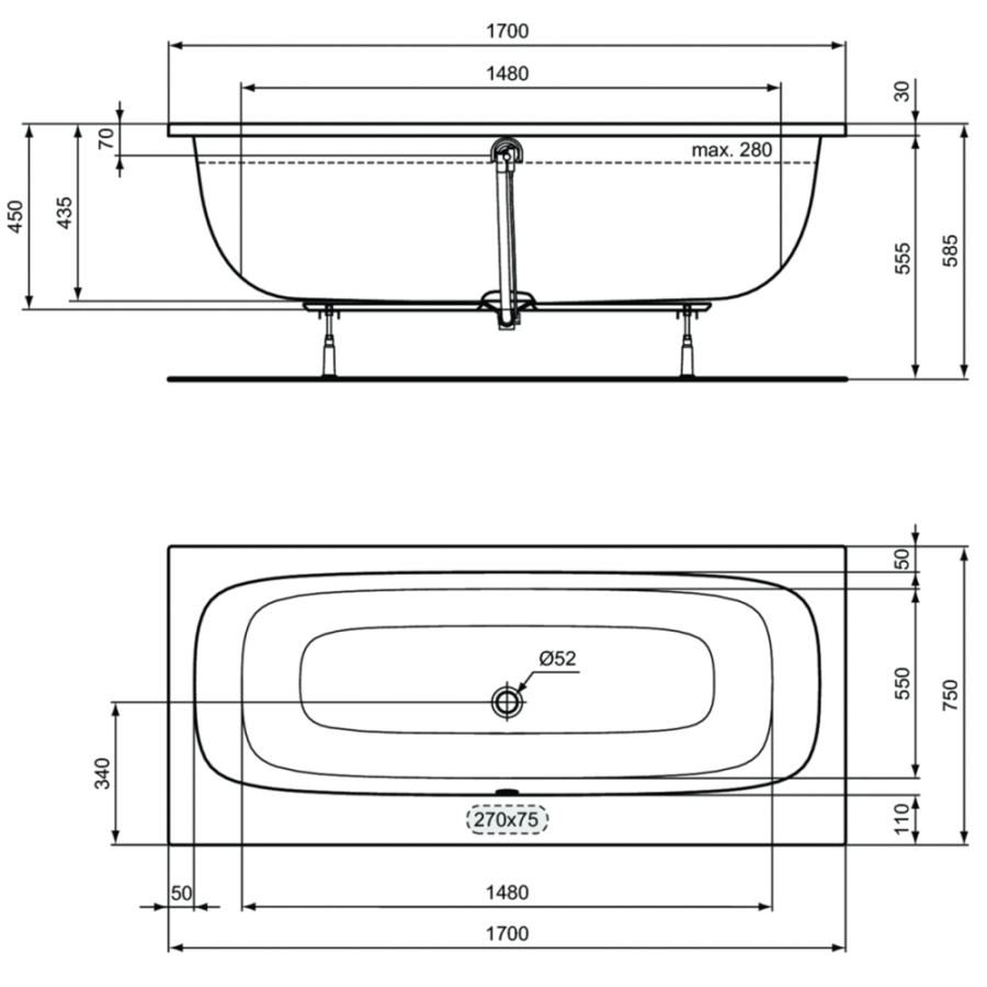 Ideal Standard i.life ванна акриловая прямоугольная 170х75 T476301