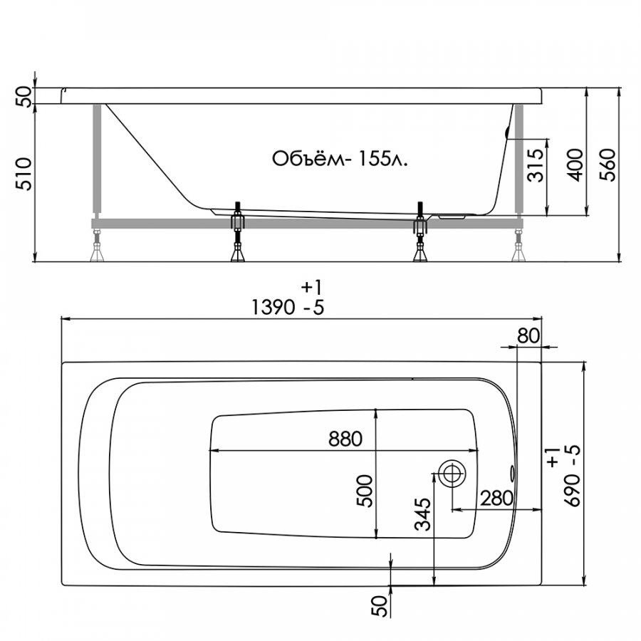 1ACReal Gamma ванна акриловая 140х70 BBA-GA147X0-00U