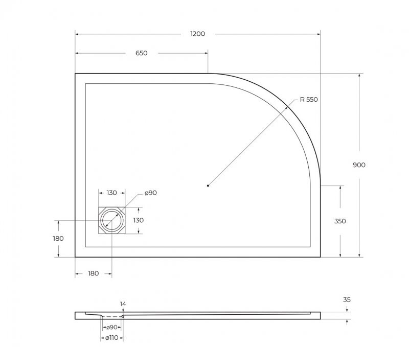 Поддон из искусственного мрамора правосторонний Belbagno TRAY-MR-UNO-RH-120/90-550-35-W-R-CR