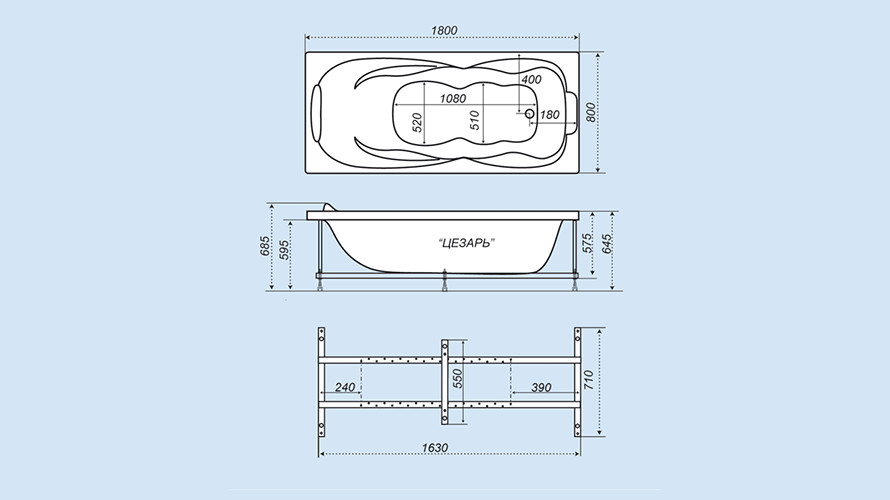 Triton Цезарь 180х80 см ванна акриловая гидроаэромассажная с фронтальной панелью сифоном и каркасом