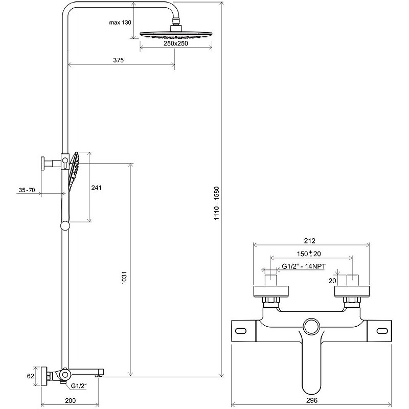 Ravak Termo 300 TE 092.20BL Душевая система с термостатом черный матовый X070444