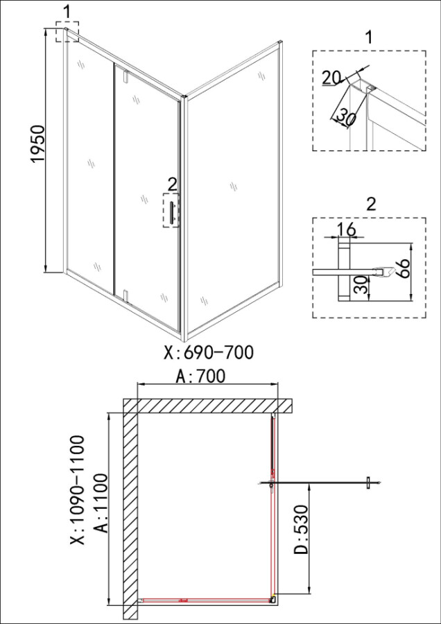 Душевое ограждение Niagara Nova NG-43-11AG-A70G (110х70х195)