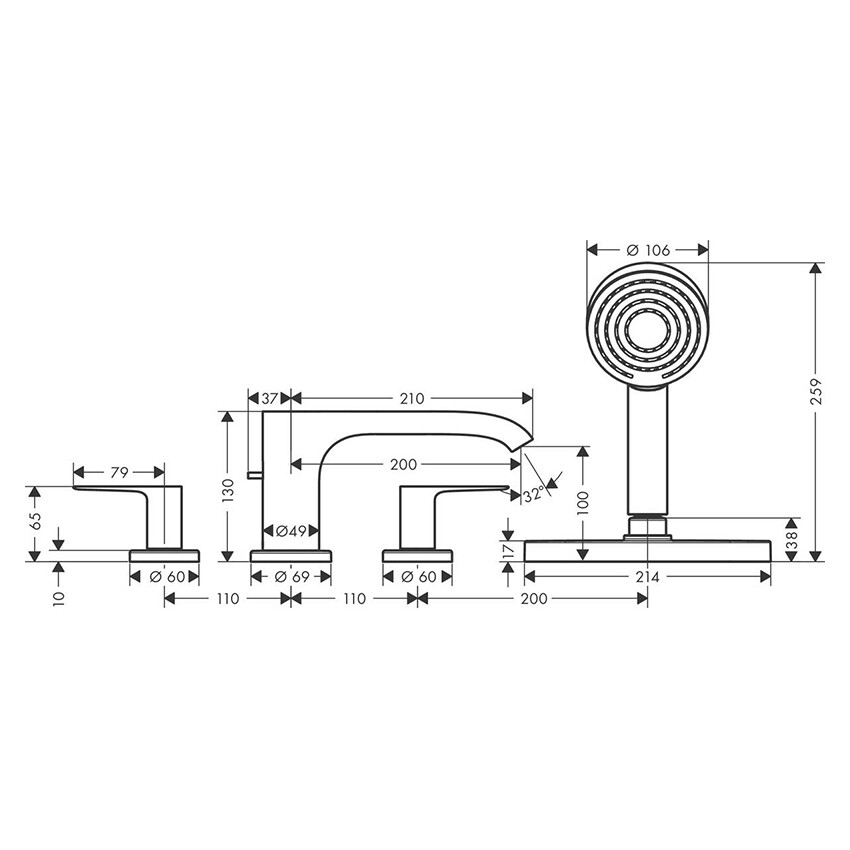 Hansgrohe Vivenis Смеситель на край ванны на 4 отверстия с sBox черный матовый 75444670