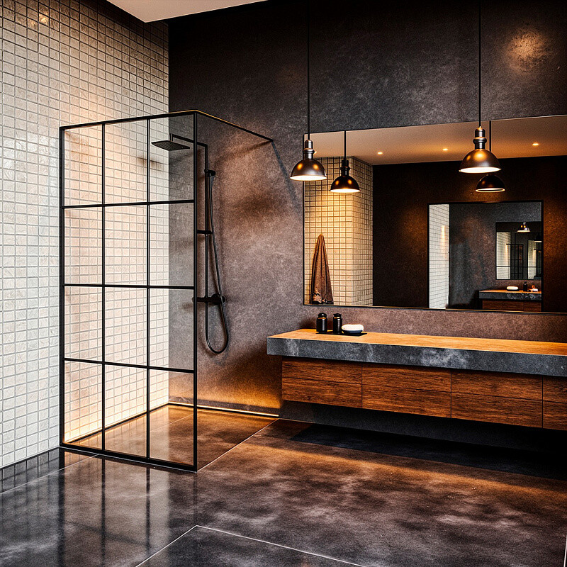 Душевая перегородка Loranto Walk-in 120x200 регулируемый кронштейн 70-100 мм, прозрачное стекло "Лофт клетка" 8 мм, профиль черный матовый CS-W02B-120
