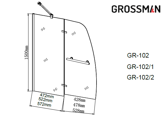 Шторка для ванны Grossman GR-102 (150х90) распашная,хром,стекло прозрачное,1 место
