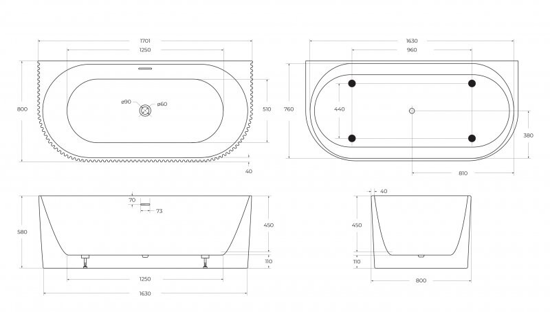 BelBagno BB713-1700-800-MATT Акриловая ванна пристенная, полукруглая матовая