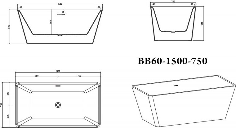 BelBagno BB60-1500-750 150*75 ванна акриловая прямоугольная