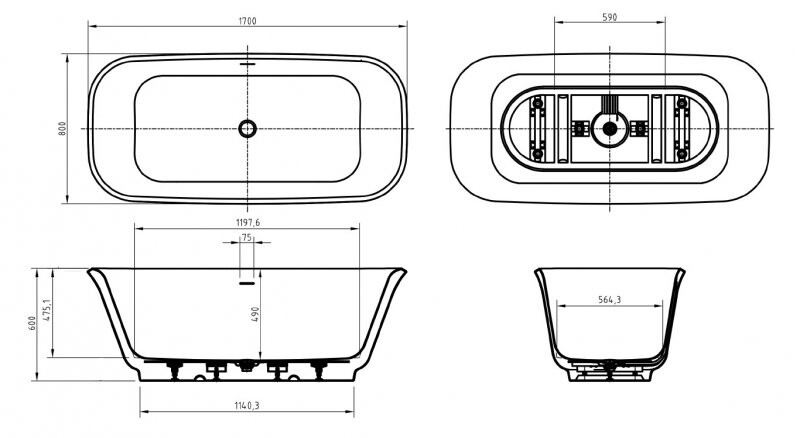 BelBagno Due BB702-1700-800-K Акриловая ванна отдельностоящая, прямоугольная