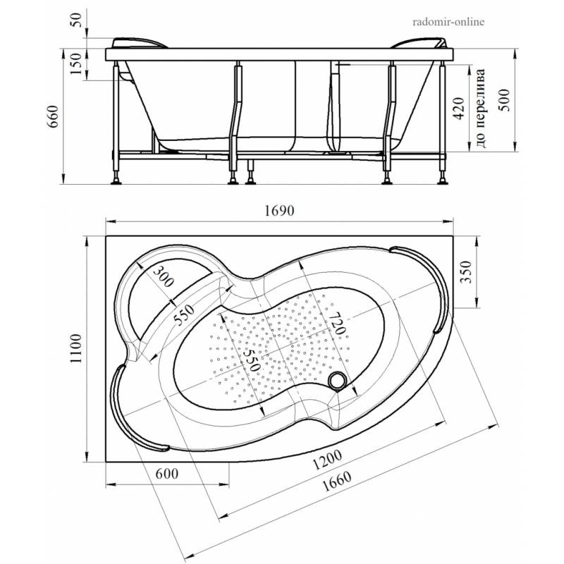 Radomir София 169 99 ванна акриловая левая с каркасом 2-01-0-1-1-223Ч