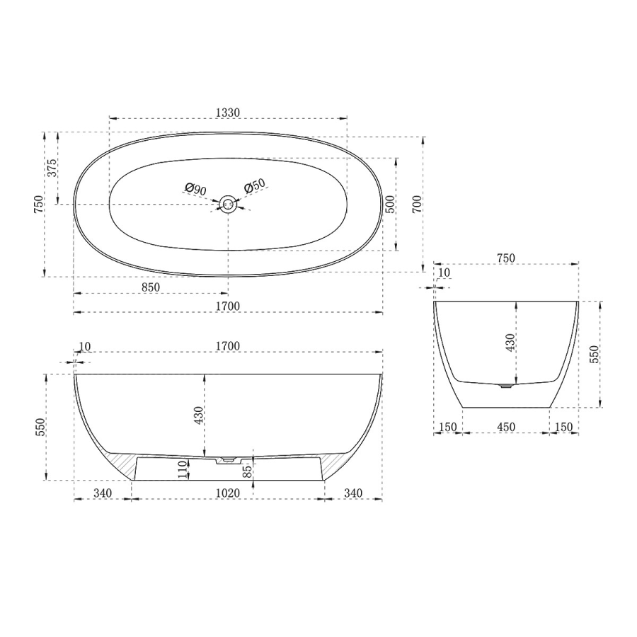 Vincea ванна 170х75 см прозрачная черная VBT-6T01B