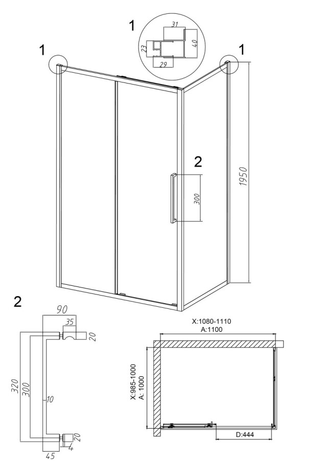 Душевое ограждение Grossman Cosmo 100.K33.02.110.42.00-200.K33.02.100.42.00 (110х100х195) раздвижная,графит сатин,стекло прозрачное,2 места 120.K33.02.1110.42.00