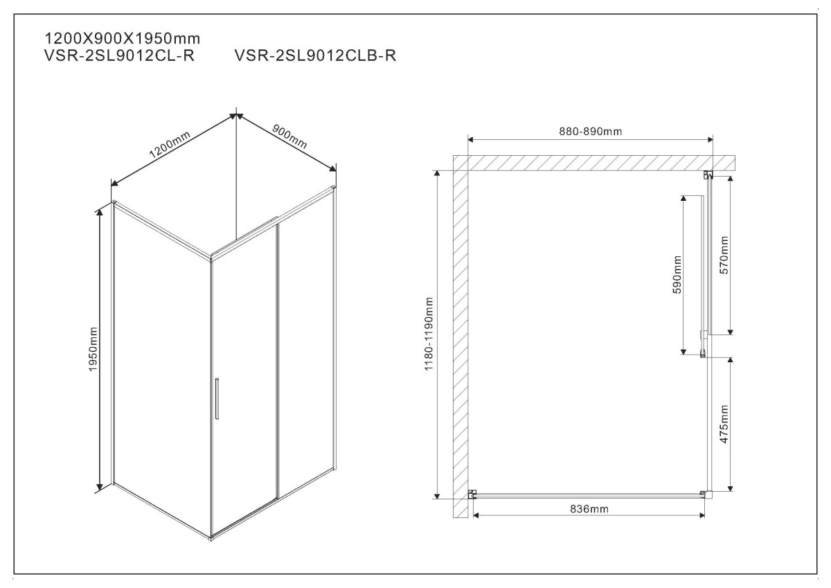 Vincea Slim душевой уголок VSR-2SL9012CLB-R 120х90 черный, стекло прозрачное