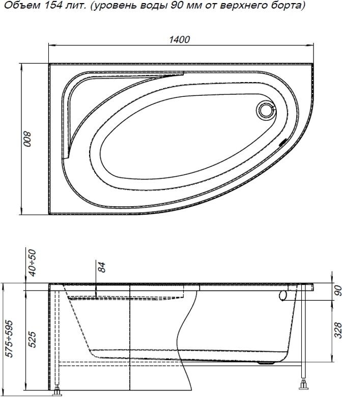 Aquanet Mia 140*80 ванна акриловая левая с каркасом 00246817