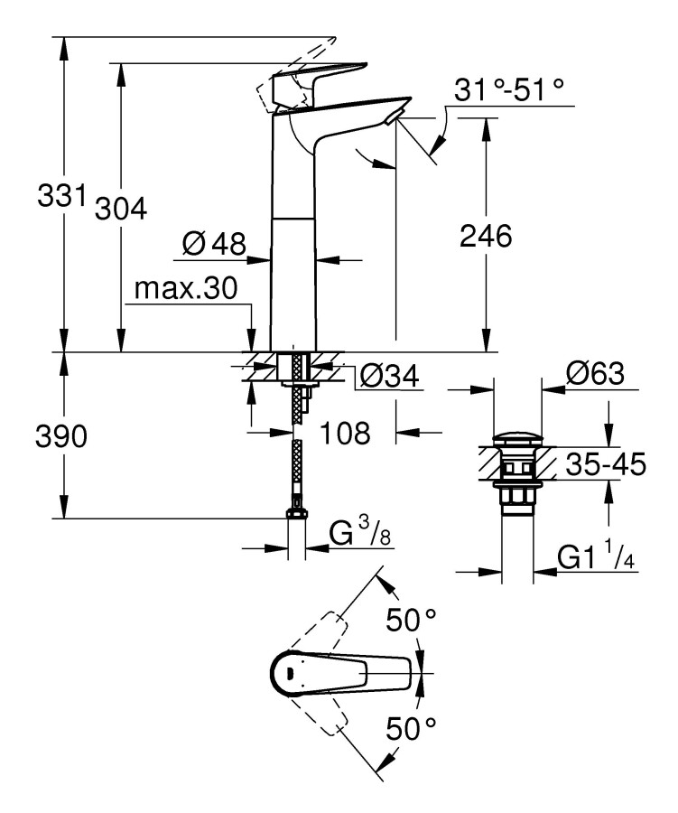 Grohe Start Edge 23777001 смеситель для раковины 28 мм