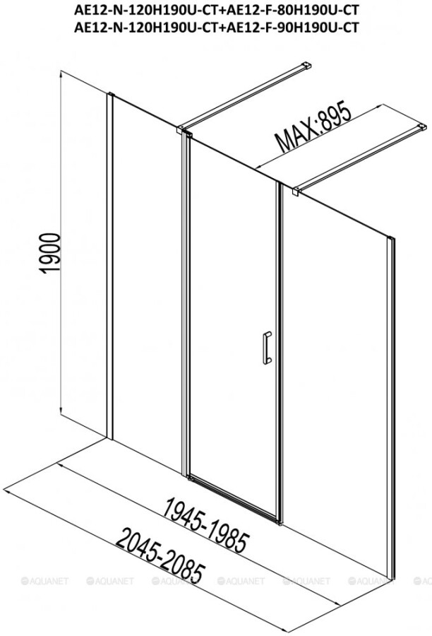 Aquanet Cinetic AE12-N-120H190U-CT + AE12-F-90H190U-CT душевые двери 210*190