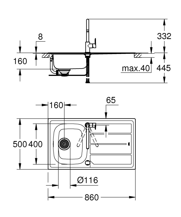 Grohe K200 45-S 86*50 мойка кухонная и смеситель для кухни Bau Edge 31562SD0