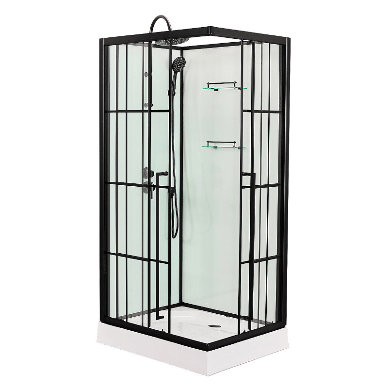 Душевая кабина Loranto 900x900x2150 без крыши, левосторонняя, белое заднее стекло, поддон 14 см, прозрачное стекло 4 мм, профиль черный CS-3008TM/W-90L