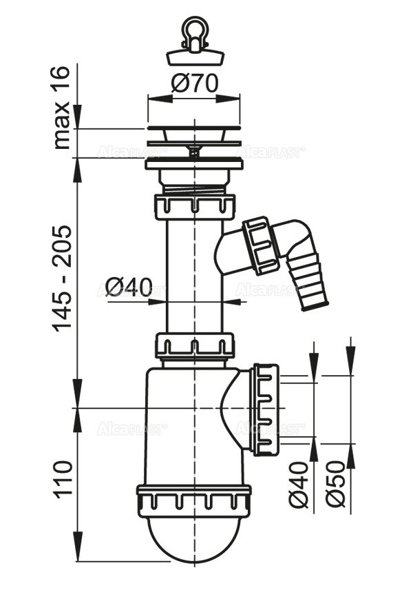 Сифон для мойки с нержавеющей решеткой Alcaplast A441P-DN50/40