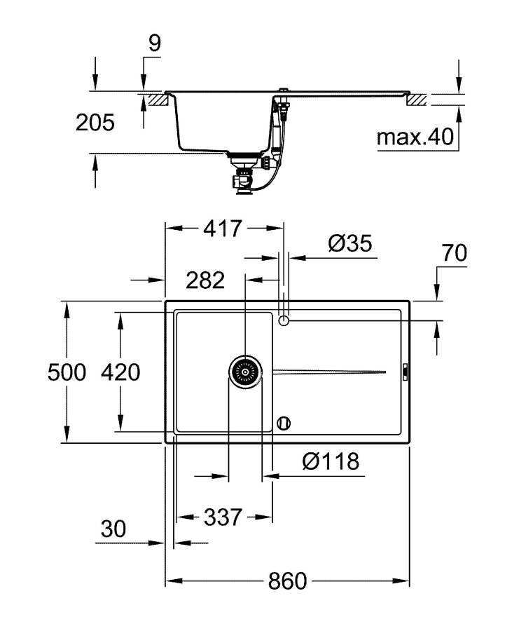 Grohe K400 86*50 31640AT0 мойка кухонная серый гранит