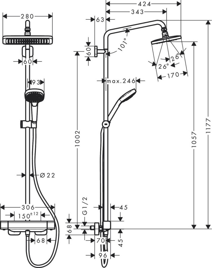 Hansgrohe Croma E 280 1jet 27630000 Душевая система без излива