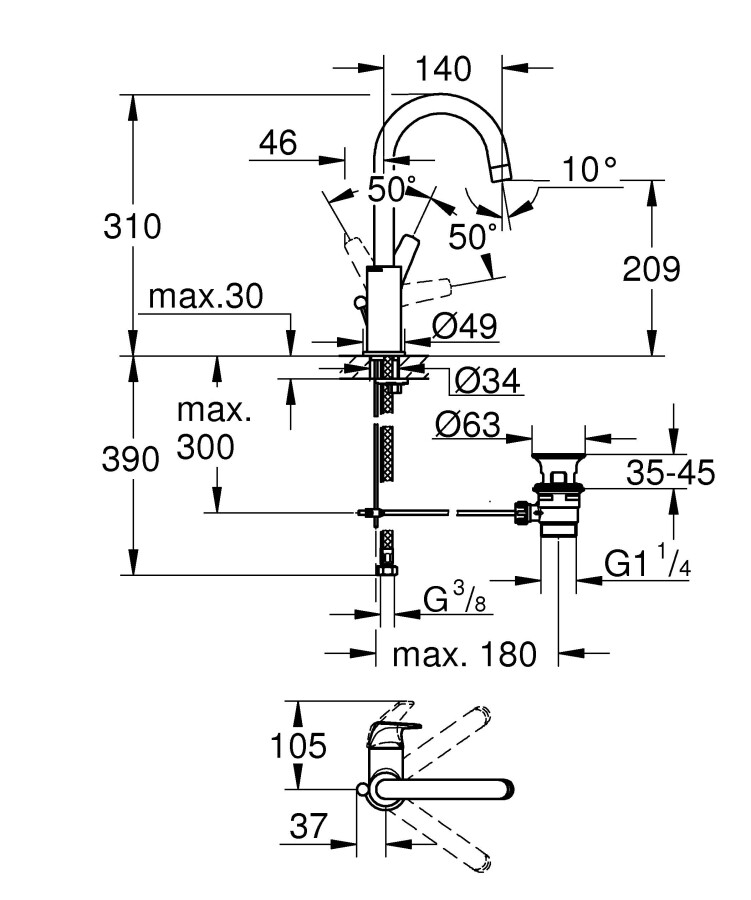 Grohe BauFlow 23753000 смеситель для раковины 28 мм