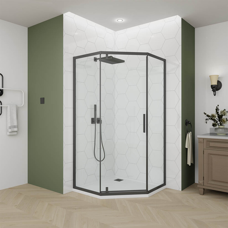 Душевой угол Veconi Ottimo P10 B (90×90×190) распашная, профиль чёрный матовый, стекло прозрачное OP10B‑9090‑01‑C9