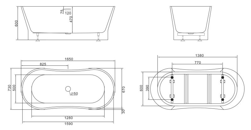 BelBagno BB406-1650-730 165*73 ванна акриловая овальная