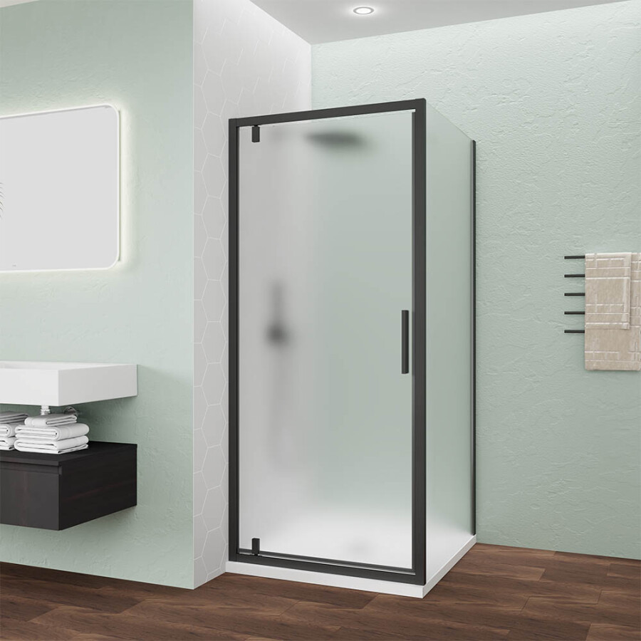 Душевой угол Veconi Ottimo P30SP B (70×70×190) распашная, профиль чёрный матовый, стекло матовое OP30B-SP-7070-07-C9