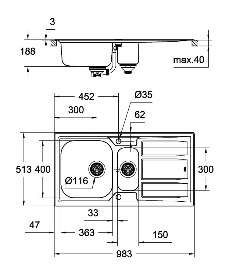 Grohe K400 60-S 98,3*51,3 31569SD0 мойка кухонная