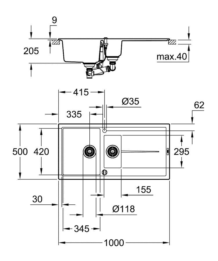 Grohe K400 100*50 31642AP0 мойка кухонная черный гранит