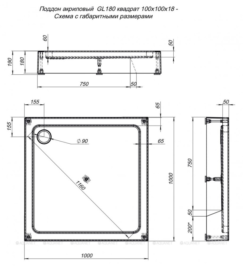 Aquanet GL180 100*100*19 душевой поддон акриловый