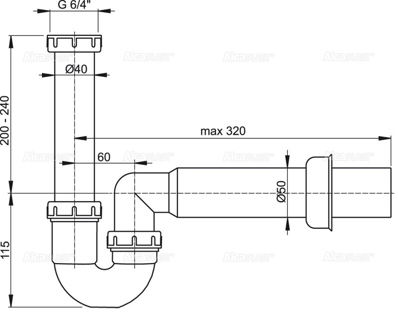 Сифон трубчатый с накидной гайкой 6/4 Alcaplast A80-DN50