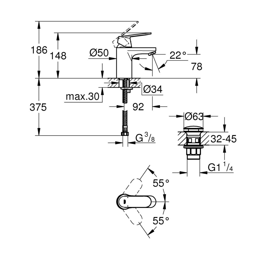 Grohe Eurosmart Cosmopolitan DN 15 23925000 смеситель для раковины 35 мм