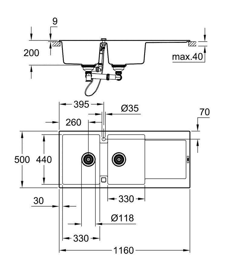 Grohe K500 116*50 31647AT0 мойка кухонная серый гранит