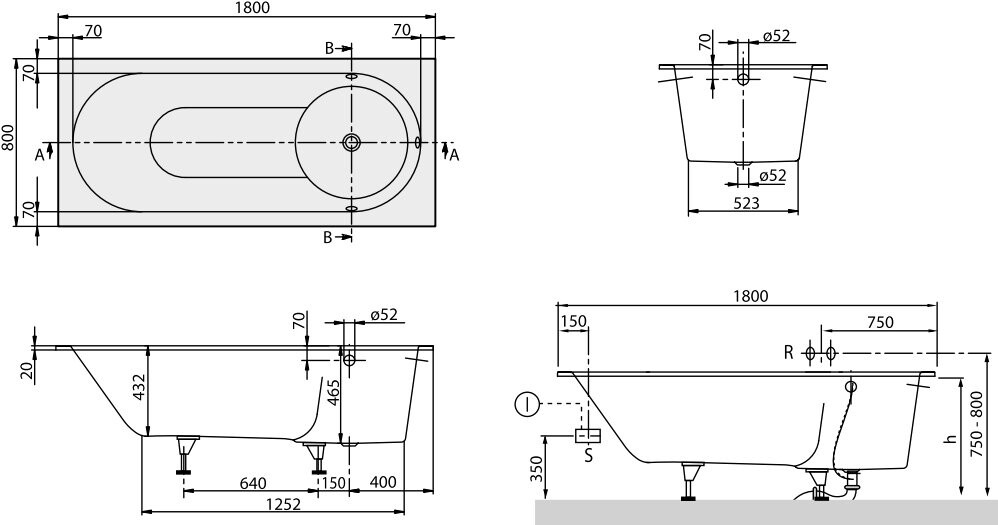 Villeroy&Boch Libra 180 80 см ванна акриловая UBQ180LIB2V-01