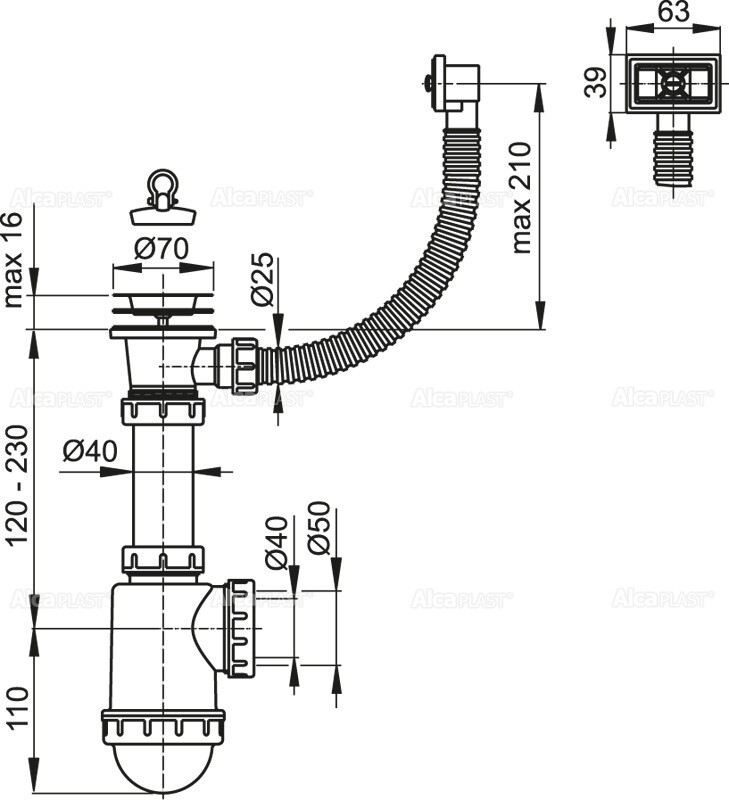 Alca Plast A444-DN50/40 Сифон для мойки с нержавеющей решеткой DN70 и гофропереливом