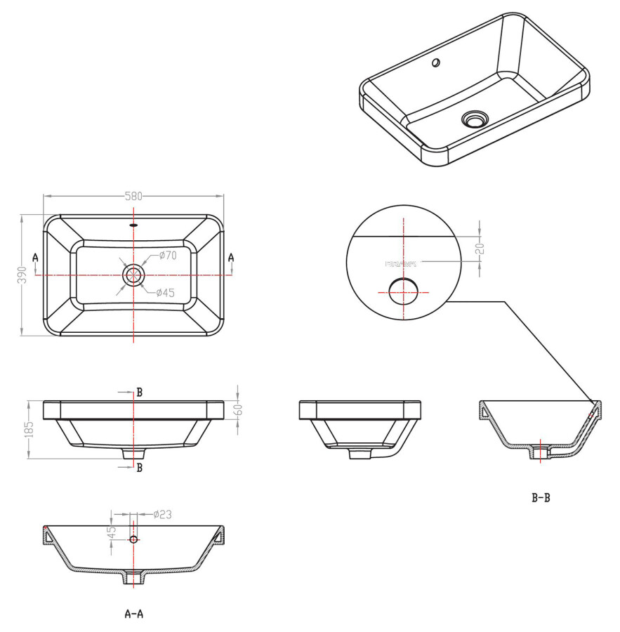 Bravat Meissen C22206W-ENG раковина накладная 580*390*185 мм