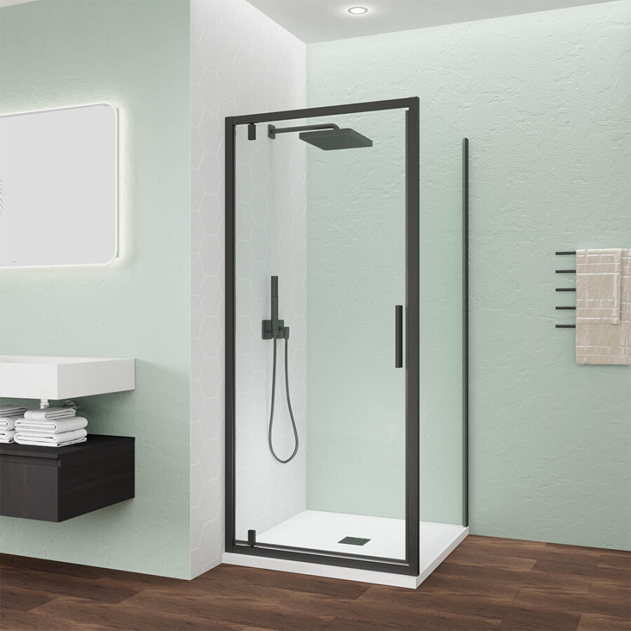 Душевой угол Veconi Ottimo P30SP B (70×70×190) распашная, профиль чёрный матовый, стекло прозрачное OP30B-SP-7070-01-C9