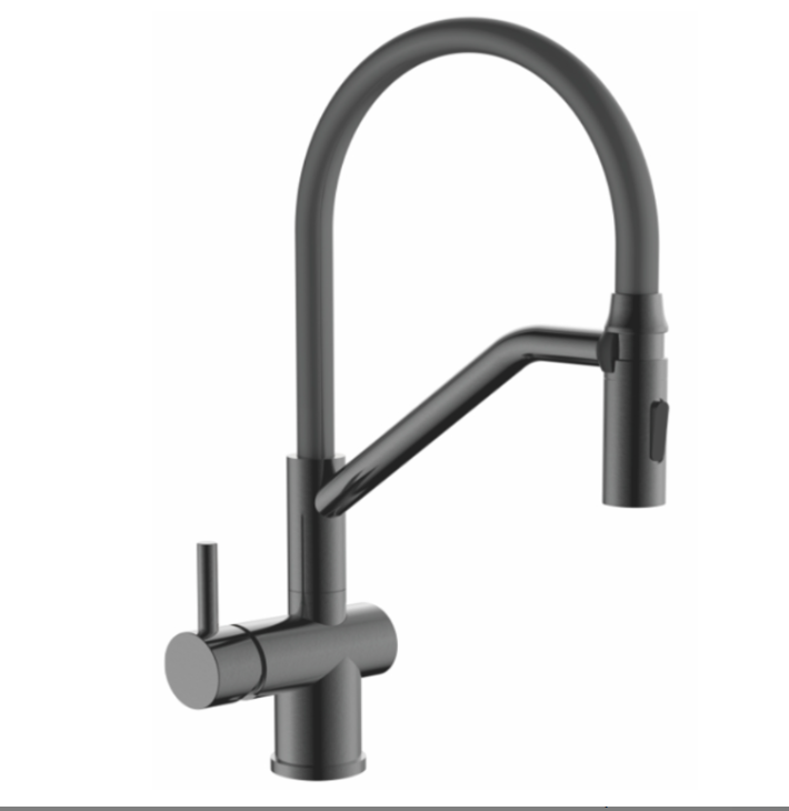 GERHANS K14292D-12 GRAFIT/BLACK Смеситель для кухни с гибким ЧЕРНЫМ силиконовым изливом на кронштейне с магнитным держателем, корпус SUS304 ГРАФИТ