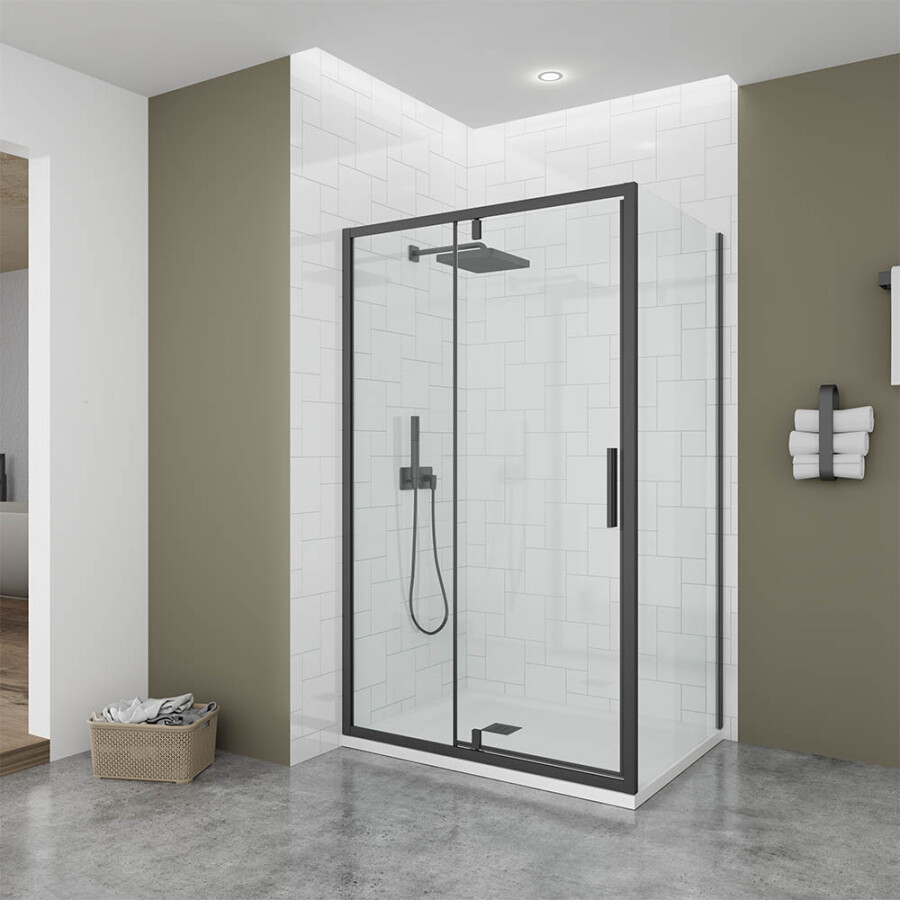 Душевой угол Veconi Ottimo P20 B-SP (120×100×190) распашная, профиль чёрный матовый, стекло прозрачное OP20B-SP-120100-01-C9