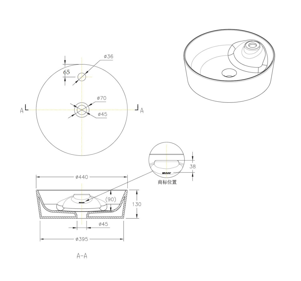 Bravat Affability C22239W-1-ENG раковина накладная 440*135 мм