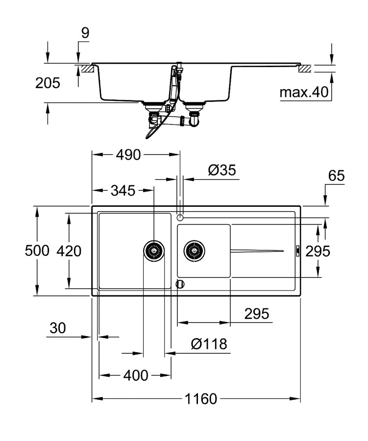 Grohe K400 116*50 31643AT0 мойка кухонная серый гранит