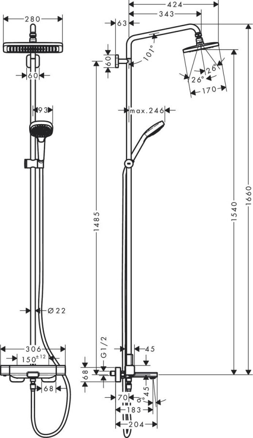 Hansgrohe Croma E 280 1jet 27687000 Душевая система с изливом