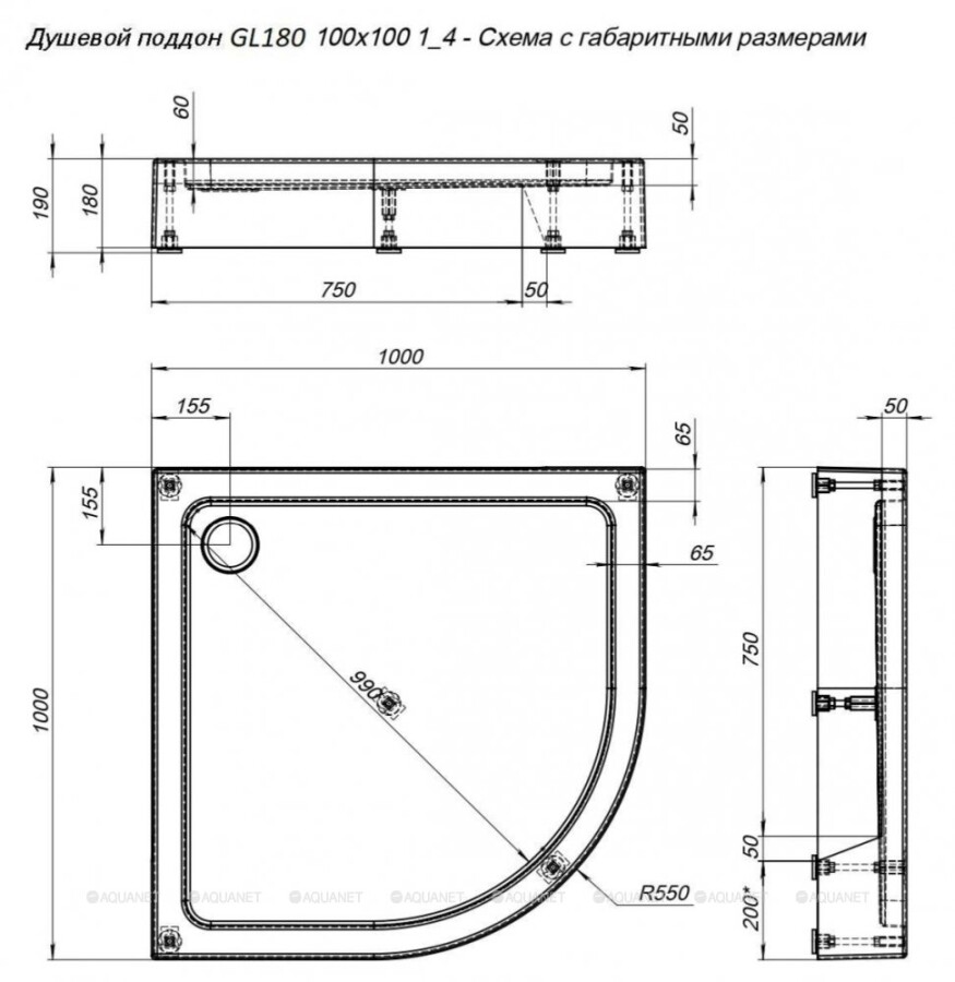 Aquanet GL180 100*100*19 душевой поддон акриловый полукруглый