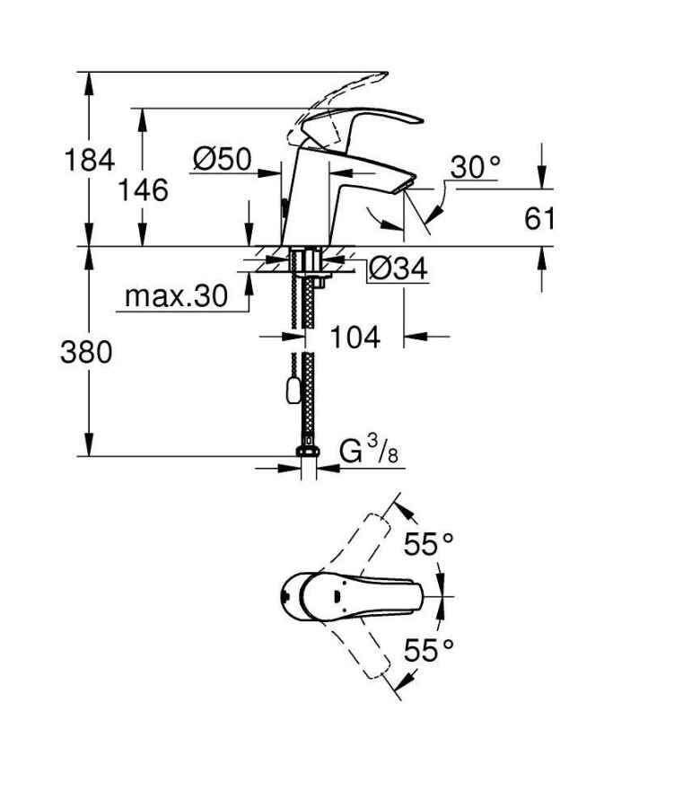 Grohe Eurosmart New 33188002 смеситель для раковины с цепочкой 35 мм