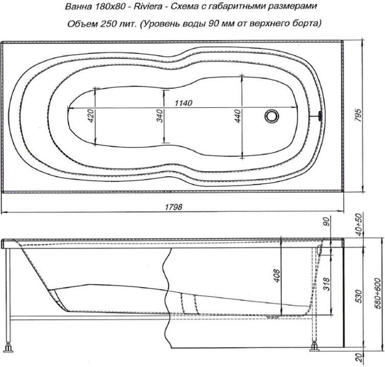 Aquanet Riviera 180*80 ванна акриловая прямоугольная с каркасом 00231080