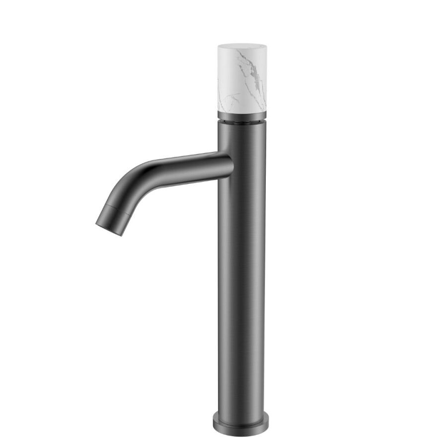 Смеситель для раковины высокий Boheme Stick Графит Глянцевый ручка Белый Мрамор 122-SGM-MR-W