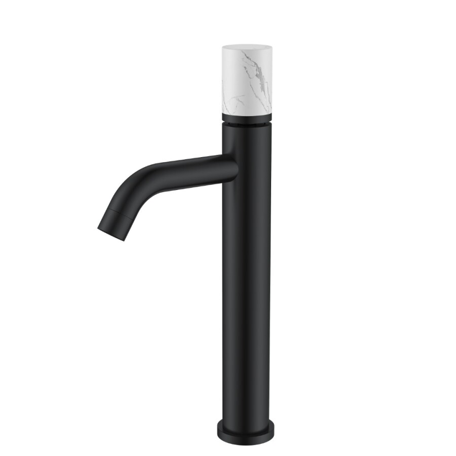 Смеситель для раковины высокий Boheme Stick Черный ручка Белый Мрамор 122-B-MR-W