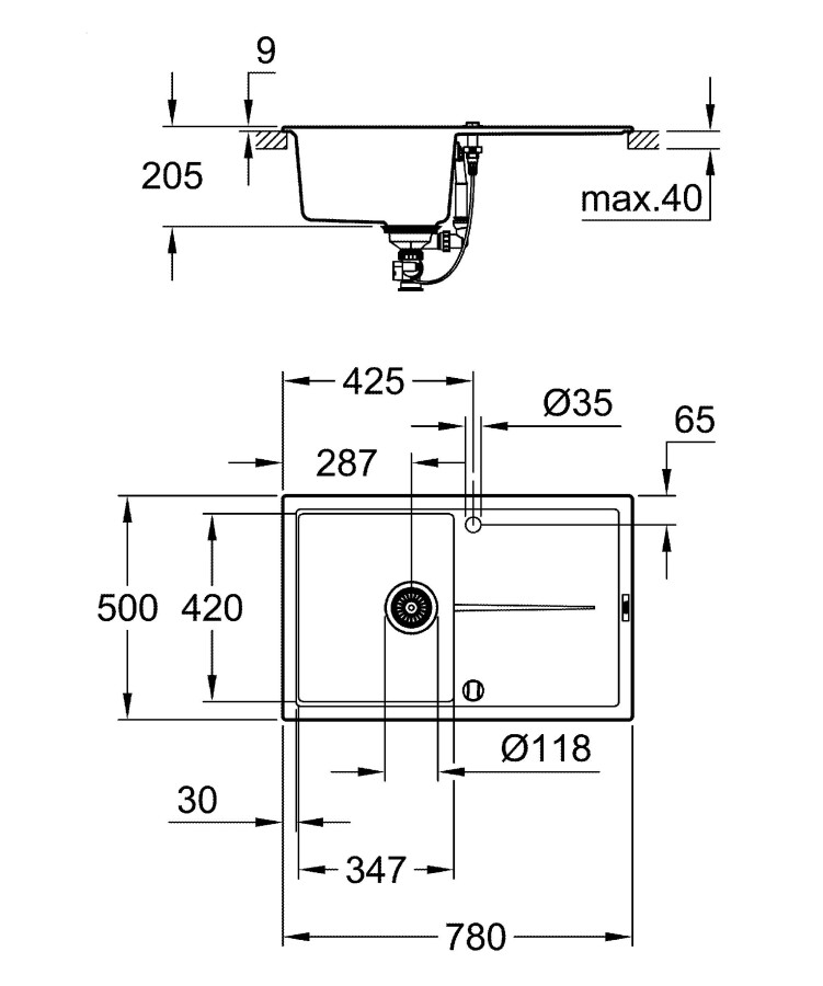 Grohe K400 78*50 31639AP0 мойка кухонная черный гранит